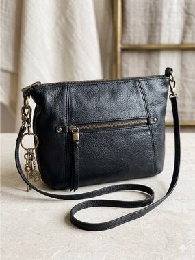 Vintage The Sak Black Leather Crossbody with Antique-Gold Charm
